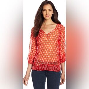 Lucky Brand Caley Mixed Print Boho‎ Top Semi-sheer Sz XL